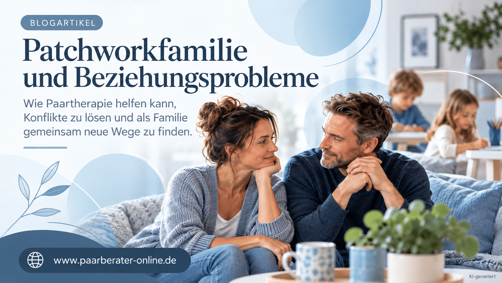 Patchworkfamilie und Beziehungsprobleme: Paar im Gespräch, Kinder im Hintergrund, Blogbild zur Paartherapie
